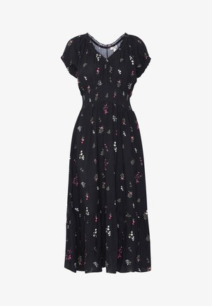 Sort blomstret kjole med korte ærmer, smocket bodice og lagdelt nederdel, prydet med hvide og lyserøde blomstermønstre.