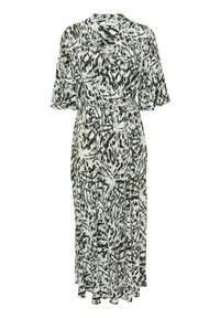 Rochie înfășurată dintr-un material ușor și fluid, cu un model abstract alb-negru. Decolteu în V, mâneci scurte și detaliu cu talie legată.