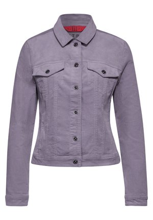 Purple denim jacket with a collar, two chest pockets, black button closures, and a fitted design. Smooth texture and sturdy construction.