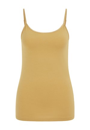 Top bej cu bretele spaghetti, croială strâmtă și design simplu, cu material neted.