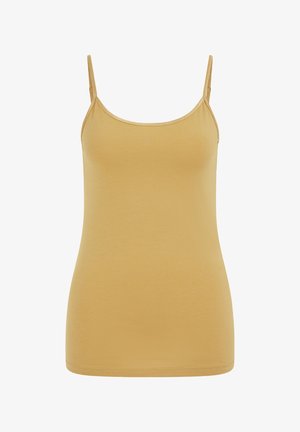 Débardeur à fines bretelles beige avec une coupe ajustée et un design simple en tissu lisse.