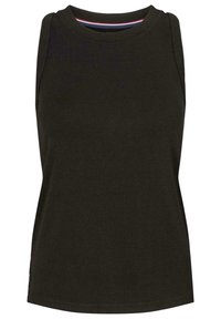 Bezrękawnik w ciemnozielonym kolorze z prążkowanej tekstury, okrągłym dekoltem i subtelnymi detalami na ramionach. Posiada kontrastowy dekolt wewnętrzny.
