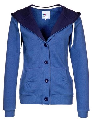 Sweat à capuche bleu boutonné avec doublure intérieure bleu foncé, poches avant, manches longues et cordons blancs sur la capuche.