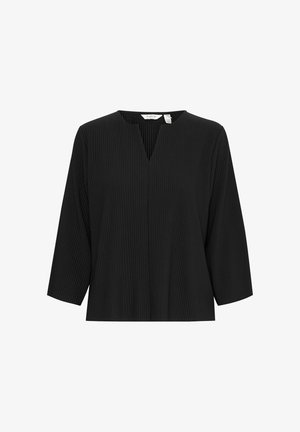 Musta ribbattupaita V-pääntällä ja kolmannes hihalla. Valmistettu teksturoidusta kankaasta, jossa on rento istuvuus ja minimalisti muotoilu.