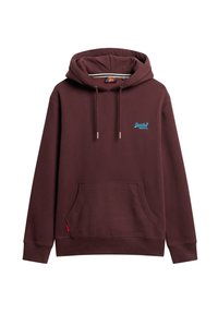 Felpa di colore marrone scuro realizzata in misto cotone. Presenta una tasca frontale, lacci con punte di metallo e un piccolo logo blu sul petto.