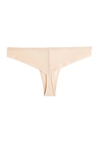 String transparent en tissu lisse. Présente un devant en triangle, des côtés étroits et un design arrière minimal avec des coutures plates.
