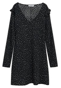 Robe noire avec un décolleté en V et des manches longues, ornée de pois blancs, tissu texturé et accents froncés aux épaules.