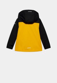 Chaqueta impermeable amarilla y negra con capucha, con un diseño elegante, puños elásticos y detalles del logo en la parte trasera.