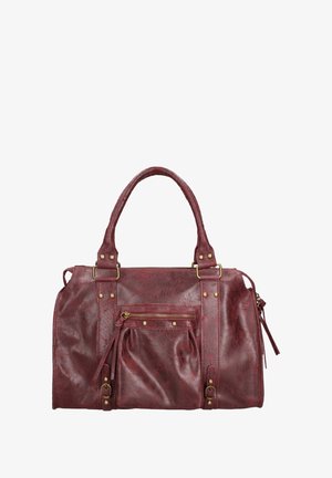Borsa a mano in pelle bordeaux con doppi manici, tasca frontale con zip e dettagli in metallo dorato sui lati. Texture liscia con una leggera lucentezza.