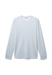Weißes Langarm-T-Shirt aus weichem, glattem Stoff. Mit Rundhalsausschnitt, lockerer Passform und geradem Schnitt sowie genähten Bündchen.