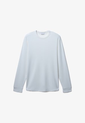 Weißes Langarm-T-Shirt aus weichem, glattem Stoff. Mit Rundhalsausschnitt, lockerer Passform und geradem Schnitt sowie genähten Bündchen.
