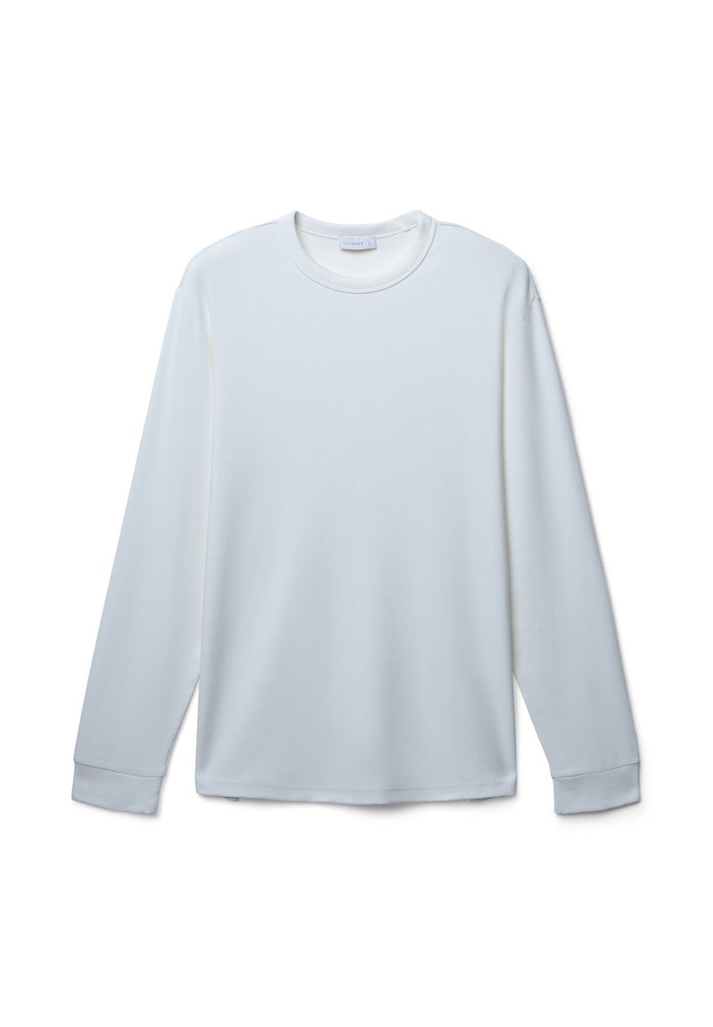 Weißes Langarm-T-Shirt aus weichem, glattem Stoff. Mit Rundhalsausschnitt, lockerer Passform und geradem Schnitt sowie genähten Bündchen.