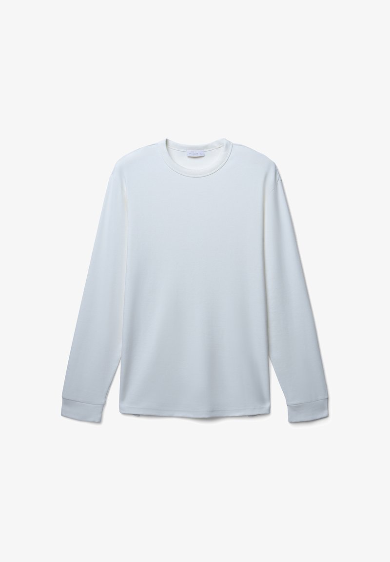 Weißes Langarm-T-Shirt aus weichem, glattem Stoff. Mit Rundhalsausschnitt, lockerer Passform und geradem Schnitt sowie genähten Bündchen.