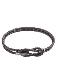 Brown braided leather bracelet with a simple silver metal clasp. Features three intertwined strands and a smooth, textured finish.
