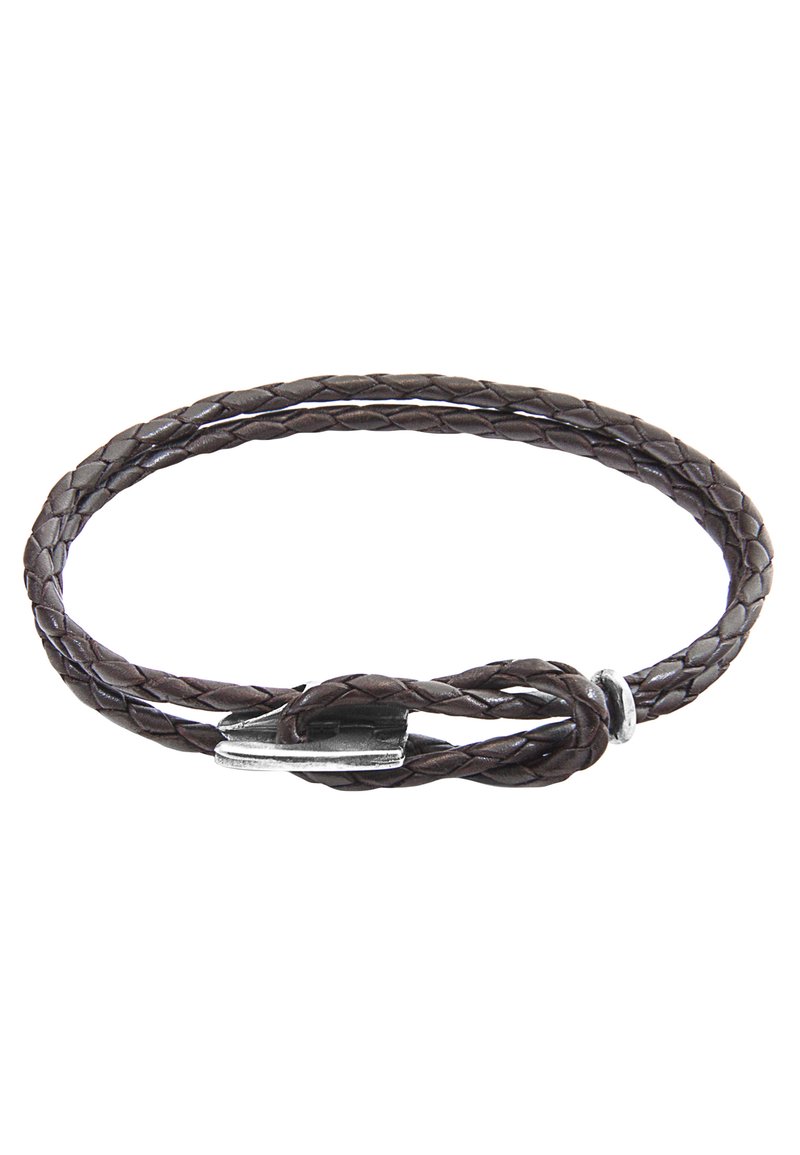 Brown braided leather bracelet with a simple silver metal clasp. Features three intertwined strands and a smooth, textured finish.