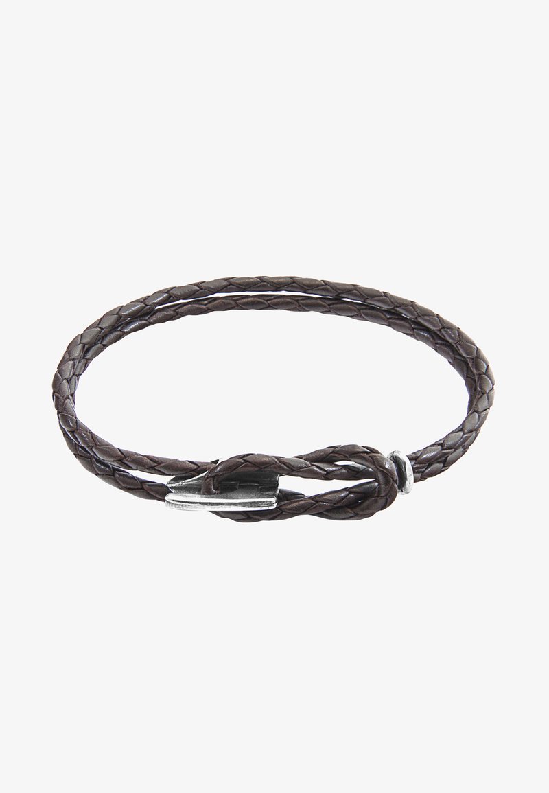 Brown braided leather bracelet with a simple silver metal clasp. Features three intertwined strands and a smooth, textured finish.