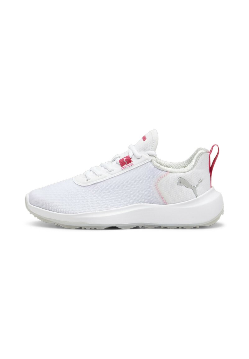White athletic sneakers with a textured mesh upper and pink accents. Features a cushioned sole and a prominent logo on the side.