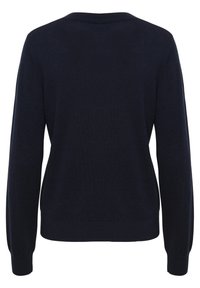 Marineblauer Strickpullover, leichtes Material, lange Ärmel, gerippte Bündchen und Saum, schlichtes Design ohne Muster oder Akzente.