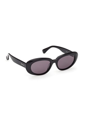 Lunettes de soleil noires de forme ovale avec des verres foncés et des montures épaisses, marque Max Mara sur la branche.
