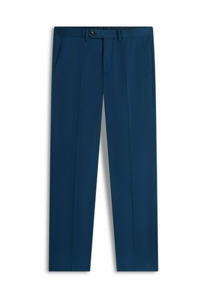 Pantalon bleu marine ajusté avec pli frontal, poches latérales, passants pour ceinture et fermeture par bouton à la taille.