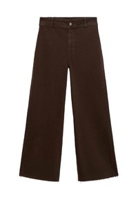 Pantalones de pierna ancha marrones en una mezcla de algodón, con un dobladillo deshilachado, cierre frontal de botón y diseño clásico de cinco bolsillos. Minimalistas y versátiles.