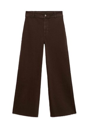 Pantalones de pierna ancha marrones en una mezcla de algodón, con un dobladillo deshilachado, cierre frontal de botón y diseño clásico de cinco bolsillos. Minimalistas y versátiles.