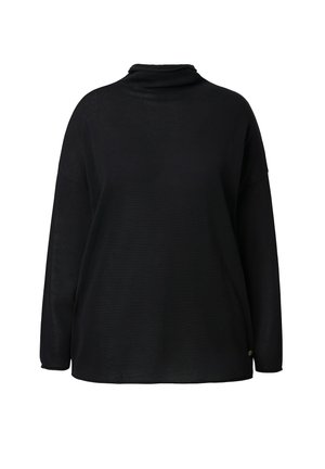 Musta pitkähihaisen poolokauluspaita, löysä istuvuus ja pehmeä tekstuuri, jossa pieni koristepainike helmassa.