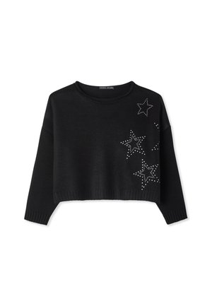 Maglione nero corto con scollatura rotonda e maniche lunghe. Presenta decorazioni a forma di stelle argentate sul davanti, orlo e polsini a coste.