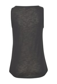 Dark gray sleeveless top made of lightweight fabric, featuring a smooth texture and subtle sheen, with a rounded neckline and a relaxed fit.