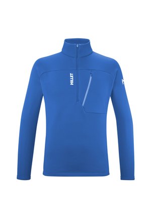 Blauer Langarm-Fleece-Pullover mit einem halben Reißverschluss, einer Brusttasche mit Reißverschluss und dem "Millet"-Logo auf der Vorderseite und dem linken Ärmel.