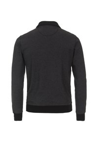 Donkergrijze pullover jas van textuurstof, met een zwarte kraag, lange mouwen en ribgebreide cuffs en zoom.