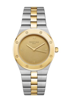 Orologio da polso bicolore argento e oro con quadrante dorato, indicatori numerici romani e marchio Rosefield sul quadrante.