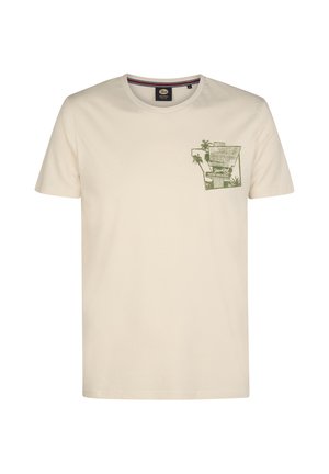 Beige T-shirt met korte mouwen, ronde hals en een kleine groene afbeelding van palmbomen en tekst op de linkerborst.