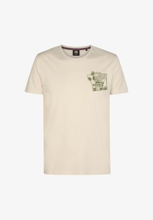 Beige T-shirt met korte mouwen, ronde hals en een kleine groene afbeelding van palmbomen en tekst op de linkerborst.