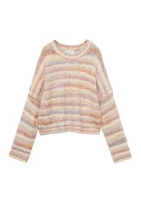 Crochet-tyylinen neulepaita, jossa on pyöreä pääntie, ja pehmeissä pastellisävyissä vaakasuoria raitoja. Malliltaan rento ja lyhyt.