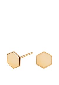 Złote, heksagonalne kolczyki-stud z gładkim wykończeniem i cienkim zapięciem, charakteryzujące się czystym wzornictwem i minimalistyczną estetyką.