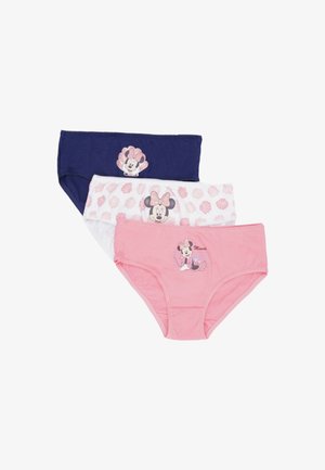 Drie paar kinderonderbroeken van katoen: marineblauw met een Minnie-graphic, wit met een schelpenpatroon en Minnie, en roze met een Minnie-graphic en accenten.