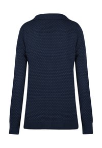 Maglione blu navy con un motivo testurizzato, maniche lunghe, colletto e orlo e polsini a costine.