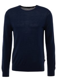 Granatowy sweter dzianinowy z długimi rękawami, okrągłym dekoltem i ściągaczami przy mankietach. Posiada gładką fakturę i rozporki po bokach u dołu.