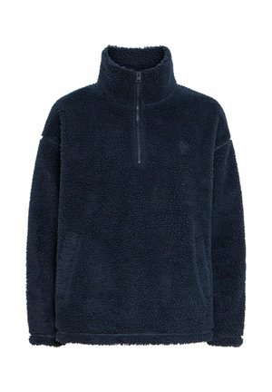 Marineblå fleece-pullover med høj krave og kvart lynlås. Har en struktureret, luksuriøs overflade og løst fit. Enkel design uden pynt.