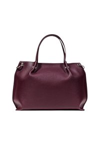 Borsa a tracolla in pelle bordeaux con due manici, forma strutturata, superficie testurizzata e dettagli in metallo argentato.