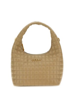 Borsa a mano trapuntata beige con manico curvo e logo dorato Guess centrato sopra la chiusura con zip.