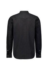 Zwarte blouse met lange mouwen, gemaakt van stof met een gladde textuur, met knopenmanchetten en een klassiek kraag. De achterkant heeft een kleine decoratieve knop.