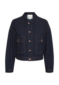 Tummansininen farkkutakki pitkillä hihoilla, napit edessä, kauluksella ja kahdella suurella napitetyllä läpätaskulla rinnassa.