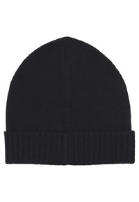Beanie nera lavorata a maglia con polsino a costine. Presenta una texture liscia e una cima arrotondata, progettata per calore e comfort.