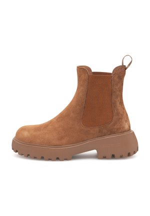 Brown suede ankle boots with a ribbed elastic side panel, textured rubber sole, and small pull tab at the back. Stamped logo detail on side.