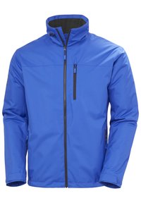Blauwe waterdichte jas met een hoge kraag, ritssluiting aan de voorkant en twee zijzakken. Heeft een contrasterende rits en een logo-detail op de borst.