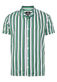 Camicia a maniche corte con bottoni, caratterizzata da righe verticali in verde, blu navy e bianco. Realizzata in tessuto leggero con colletto alla francese.