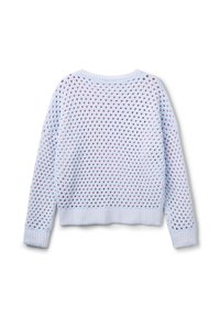 Jasnoniebieski sweter z dzianiny o luźnym, otwartym splocie oraz ściągaczami przy mankietach. Posiada okrągły dekolt i obniżone ramiona.