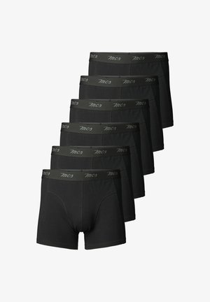 Boxerii scurți din bumbac negri, veniți într-un pachet de șase, având un tiv elastic gri cu logo și detalii cusute pentru suport și confort.